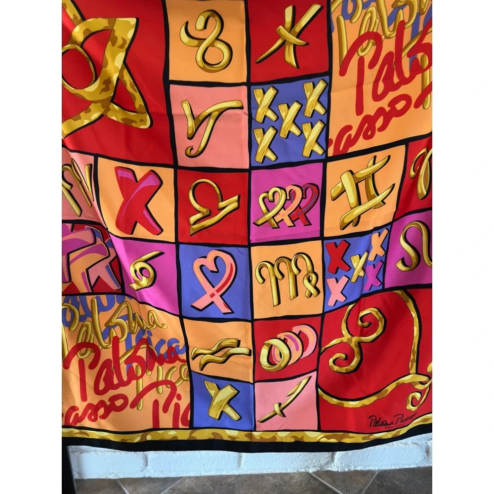 Paloma Picasso Scarf Multicolor Silk‎ Zodiac Astrology Print 31in Square